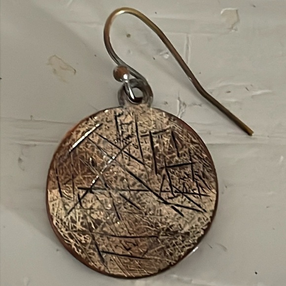 1” gold tone round textured medallion dangle earrings on hypoallergenic wires - Picture 7 of 13